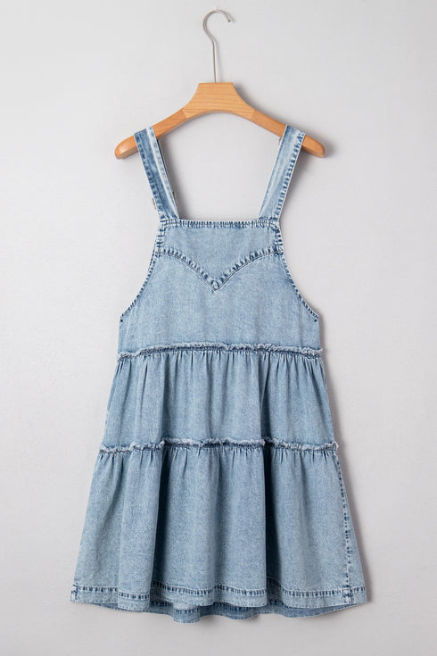 Washed Denim Tiered Flowy Western Overall Mini Dress