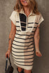 Striped Ribbed Knit Half Zip Mini Dress