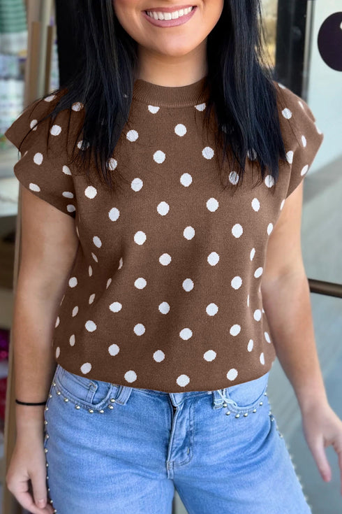 Dolman Short Sleeve Round Neck Polka Dot Sweater