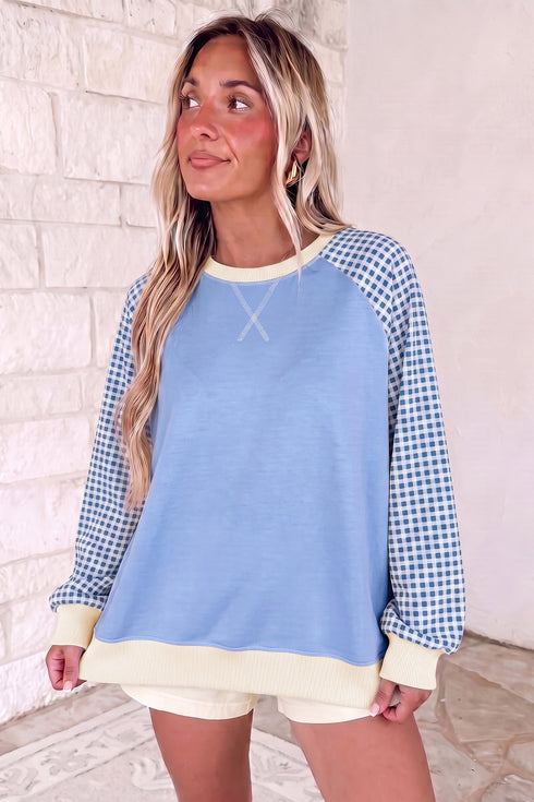Polyester Plaid Pattern Sleeve Raglan Pullover Sweatshirt