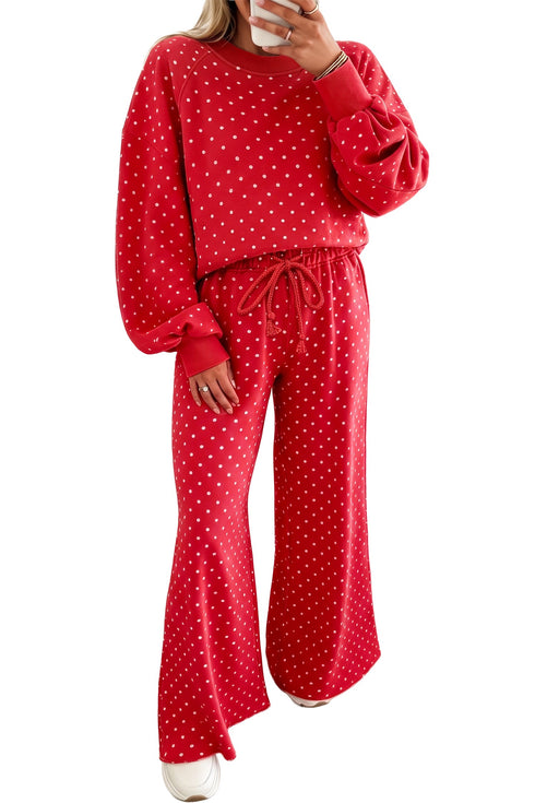 Polka Dot Drawstring Wide Leg Long Sleeve Pant Set