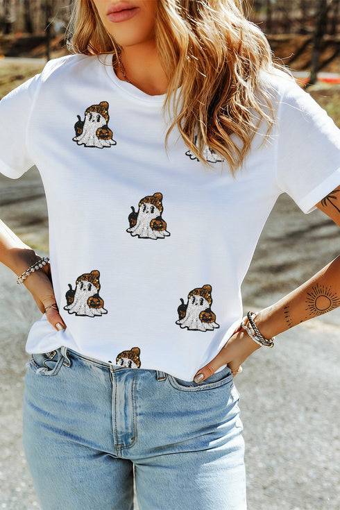 Sequined Ghost Print Short Sleeve Graphic Tee