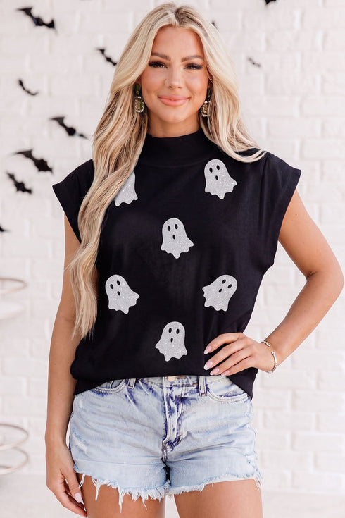 Glitter Ghost Print High Neck Graphic Tank Top