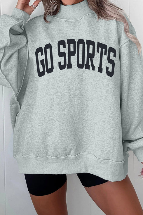 Letter Graphic Mock Neck Equal Polyester Cotton Blend Sweatshirt