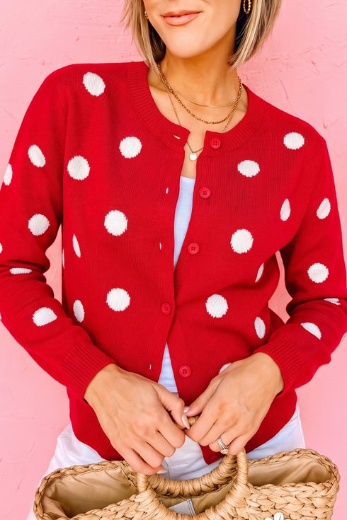 Polka Dot Button Front Long Sleeve Sweater Cardigan