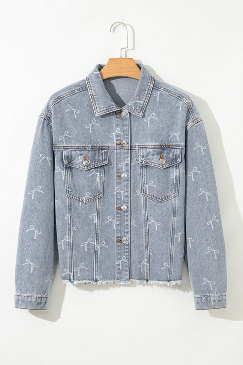 Bow Knot Print Raw Hem Washed Denim Jacket