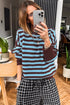 Striped Panel Loose Crew Neck Cuffed Knit Sweater