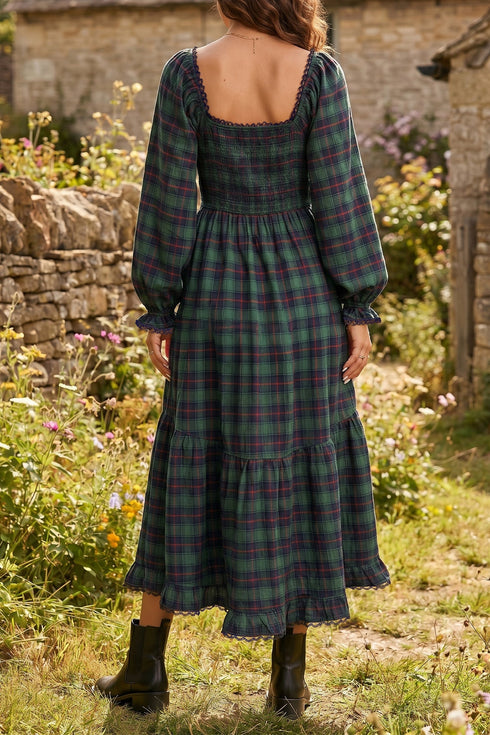 Vintage Plaid Square Neck Lace Trim Long Sleeve Shift Maxi Dress