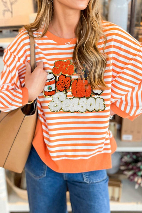 Striped Pumpkin Vibe Graphic Print Long Sleeve Tee