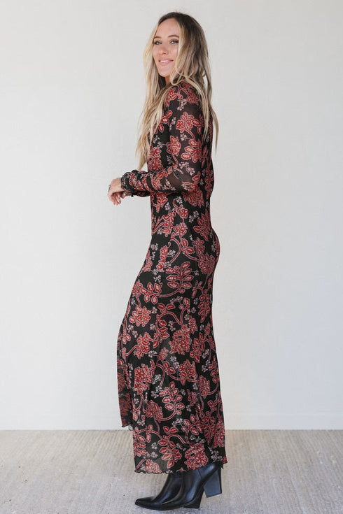 Retro Floral Print Long Sleeve Mesh Maxi Dress