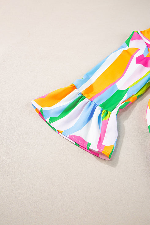 Abstract Print Ruffled Sleeve A Line Mini Dress