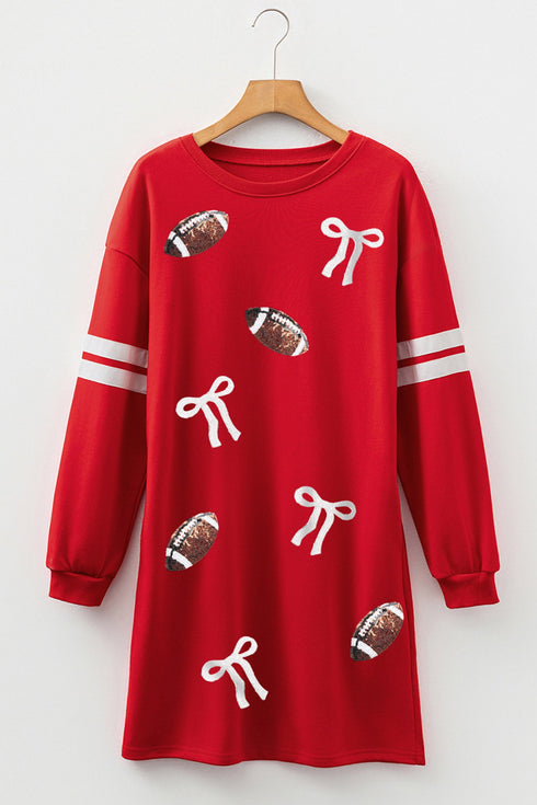 Sequin Rugby Bow Varsity Stripe Sleeve Graphic Dress