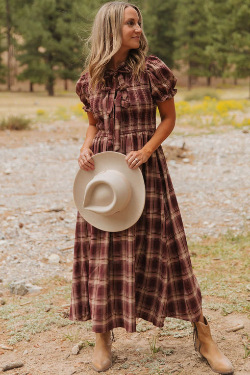 Vintage Plaid Knot Front Smocked Midi Dress