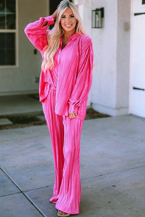 Pleated Long Sleeve Wide Leg Two Piece Loungewear