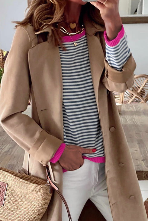Striped Print Trim Detail Drop Shoulder Sweater
