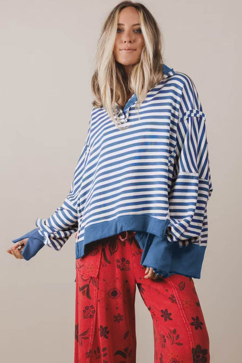 Striped Raw Seam Split Hem Loose Pullover Sweatshirt