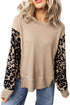 Leopard Sleeve Waffle Knit Split Hem Long Sleeve Top