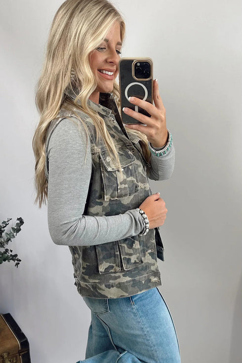 Western Camo Print Cargo Denim Utility Vest