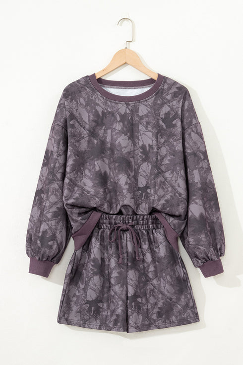 Abstract Woodland Print Baggy Pullover Drawstring Short Sets