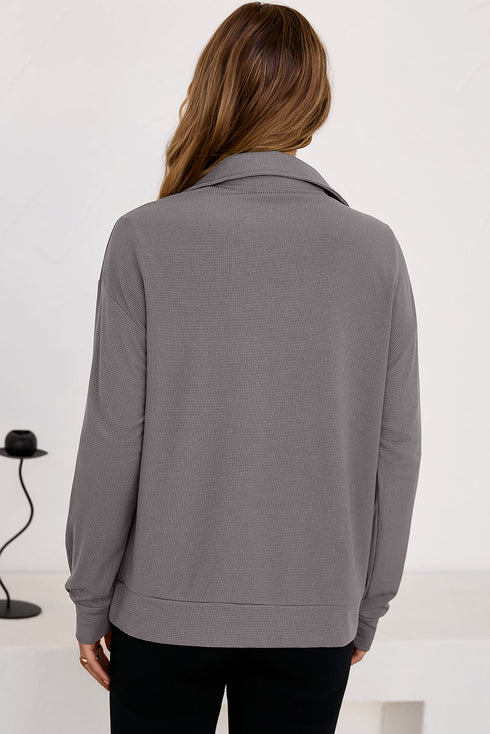 Waffle Textured Collar Half Zip Pocketed Drop Shoulder Sweatshirt