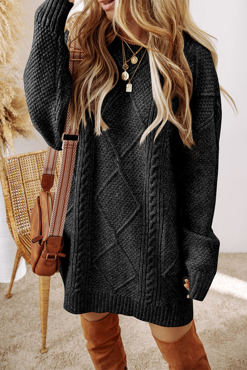 Long Sleeve Cable Knit Crew Neck Sweater Dress