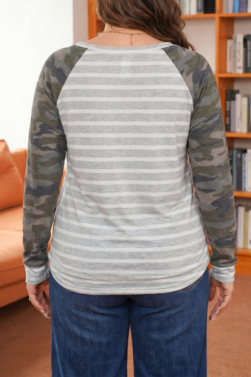 Striped Camo Sleeve Round Neck Long Top