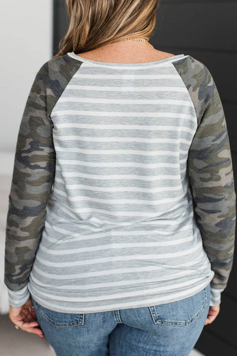 Camo Sleeve Striped Panel Round Neck Long Sleeve Top
