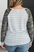 Camo Sleeve Striped Panel Round Neck Long Sleeve Top
