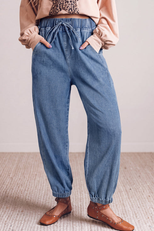 Denim Elastic Waist Harem Ankle Length Jeans