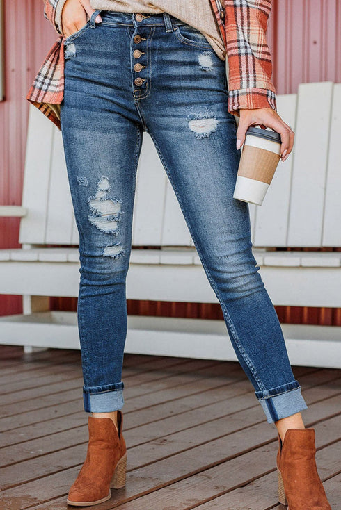 Distressed Button Fly High Waisted Skinny Denim Jeans