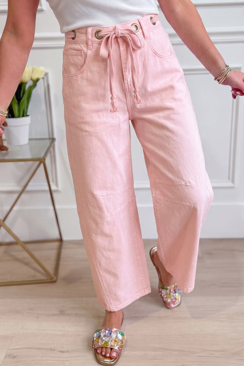 Grommet Knot Waist Detail Curved Barrel Jeans
