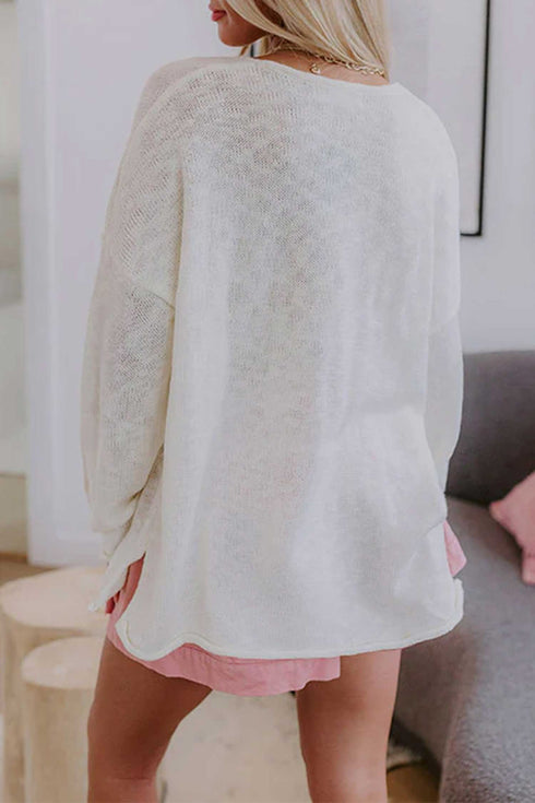 V Neck Lightweight Knit Side Shift Tunic Sweater