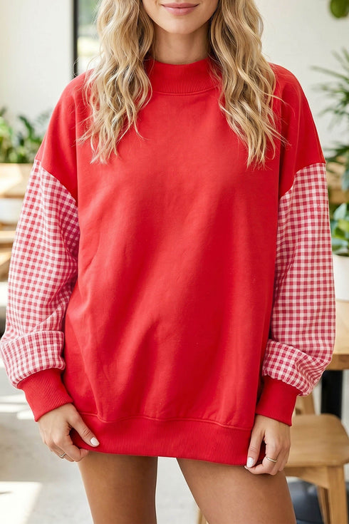 Mock Neck Plaid Pattern Sleeve Loose Tunic Sweatshirt