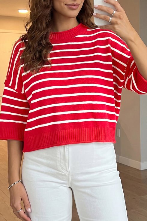 Striped Dropped Shoulder Half Sleeve Relaxed Knit Sweater