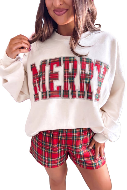 Merry Plaid Applique Long Sleeve Top Short Set