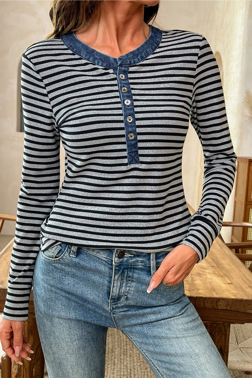 Striped Ribbed Denim Collar Half Button Long Sleeve Top