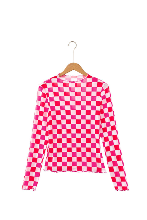 Plaid Checkered Sheer Mesh Long Sleeve Layering Top