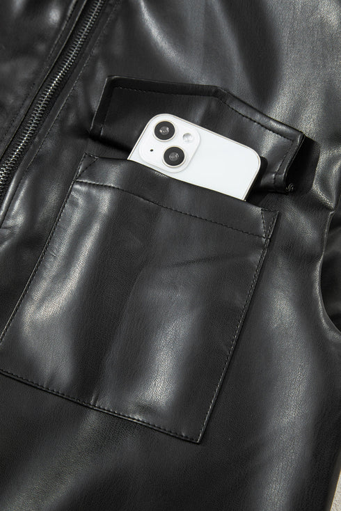 Double Flap Pocket Western Faux Leather Zip Up Vest