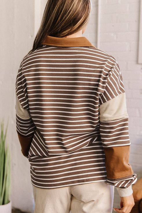Striped Textured Collar V Neck Long Sleeve Pullover Top