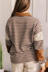 Striped Textured Collar V Neck Long Sleeve Pullover Top