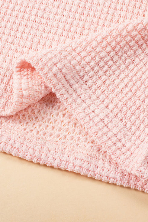 Solid Waffle Knit Fringe Trim Textured Short Set