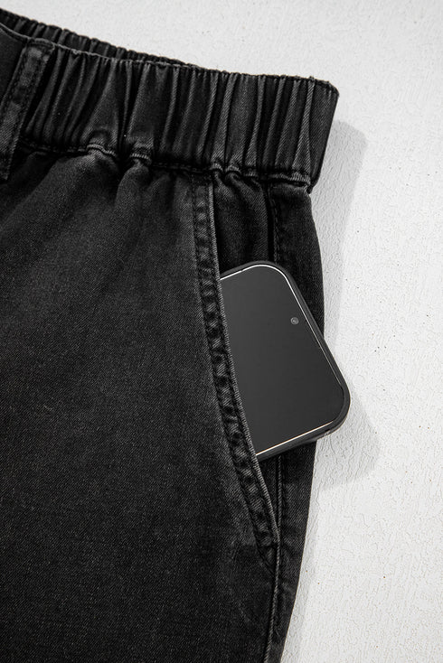 Elastic Waist Ruffled Wide Leg Denim Pants