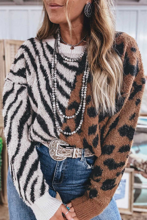 Western Leopard Zebra Print Long Sleeve Round Neck Sweater