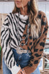 Western Leopard Zebra Print Long Sleeve Round Neck Sweater