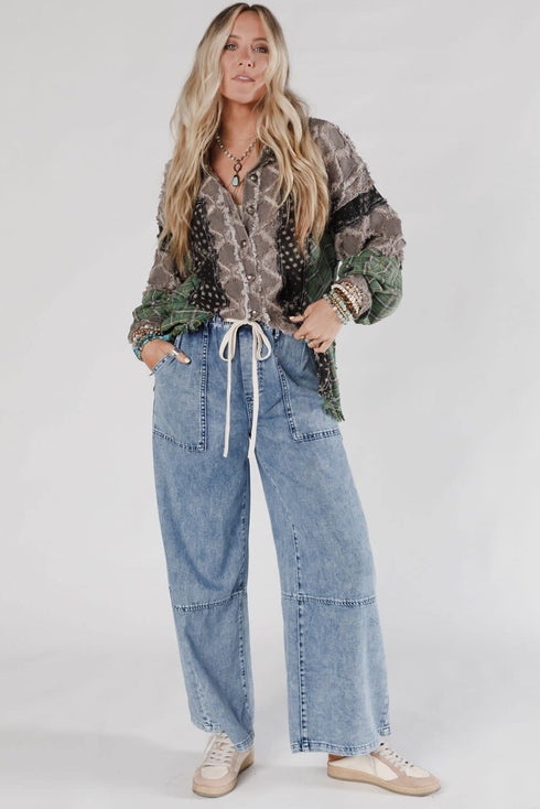 Acid Wash Exposed Seam Elastic Waist Wide Leg Jeans