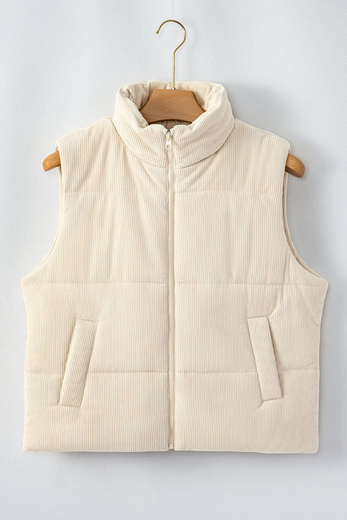 Textured Corduroy Stand Neck Zipped Puffer Vest