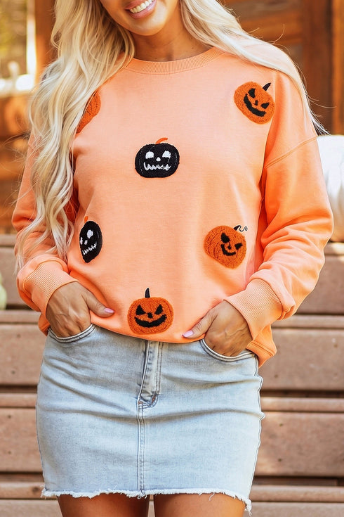 Embroidered Pumpkin Graphic Face Drop Shoulder Sweatshirt