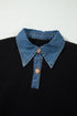 Acrylic Polyester Denim Patchwork Collar Cuffed Sweater