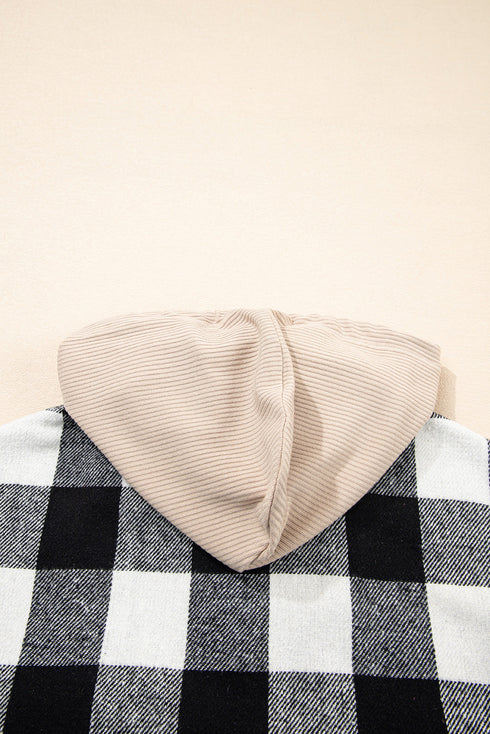 Patchwork Mixed Plaid Drawstring Hooded Shacket