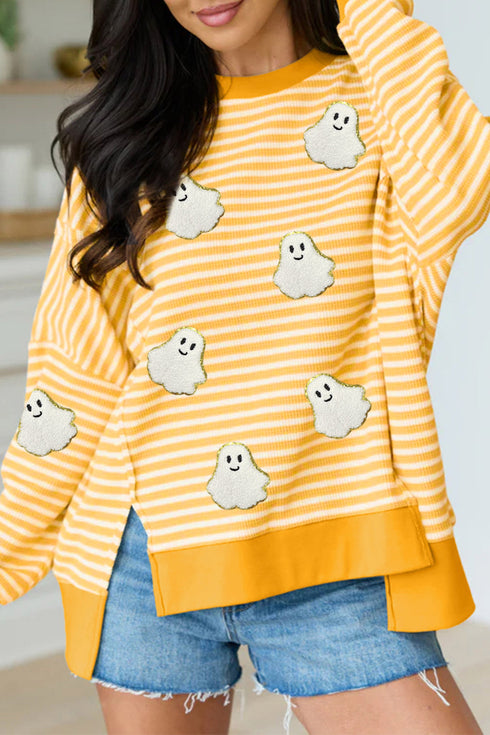Ghost Patch Stripe Print Round Neck Long Sleeve Tee
